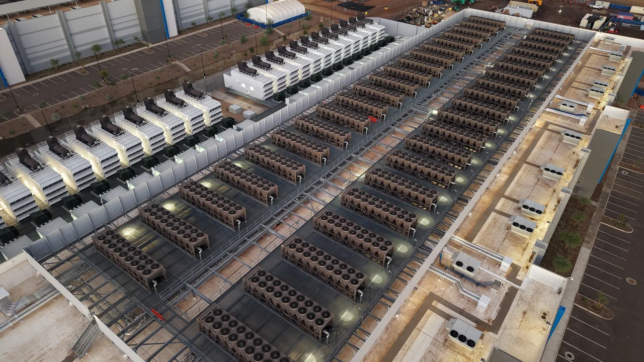 Rows of plant on the roof of a data centre, seen from above